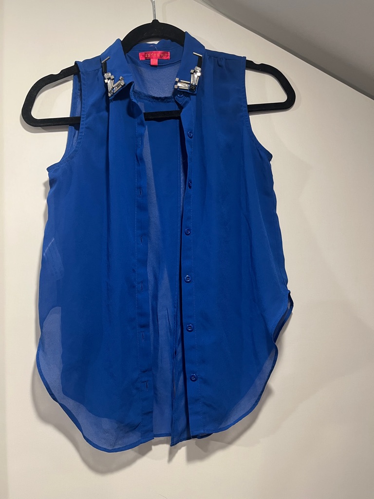Sleeveless Royal Blue Button-Down Blouse With Embellished Collar